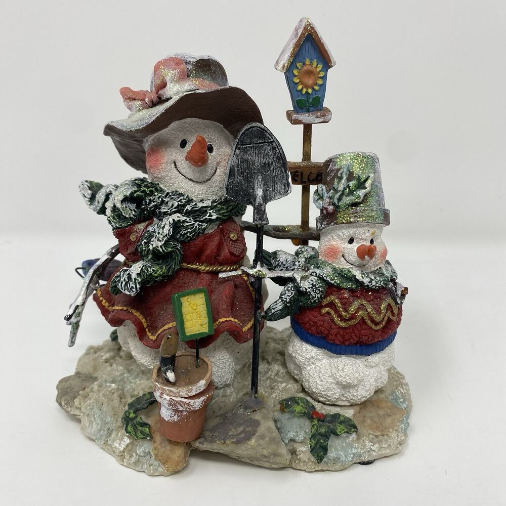 Vintage Glitter Snowman Father & Son Welcome Sign Bird House Christmas Figurine